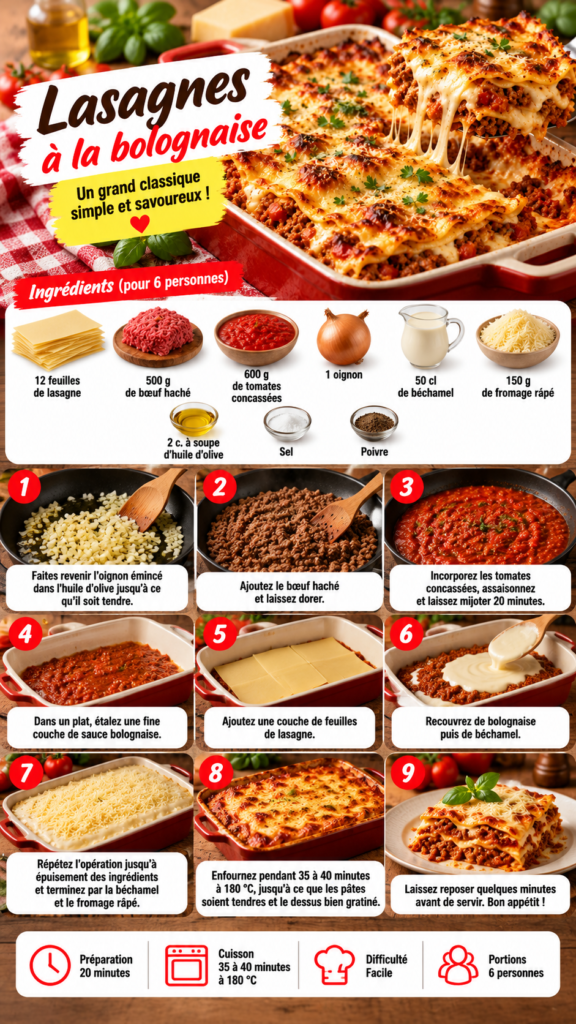 Part de lasagnes à la bolognaise bien gratinées, avec couches de pâtes, sauce au bœuf, béchamel crémeuse et fromage fondu.