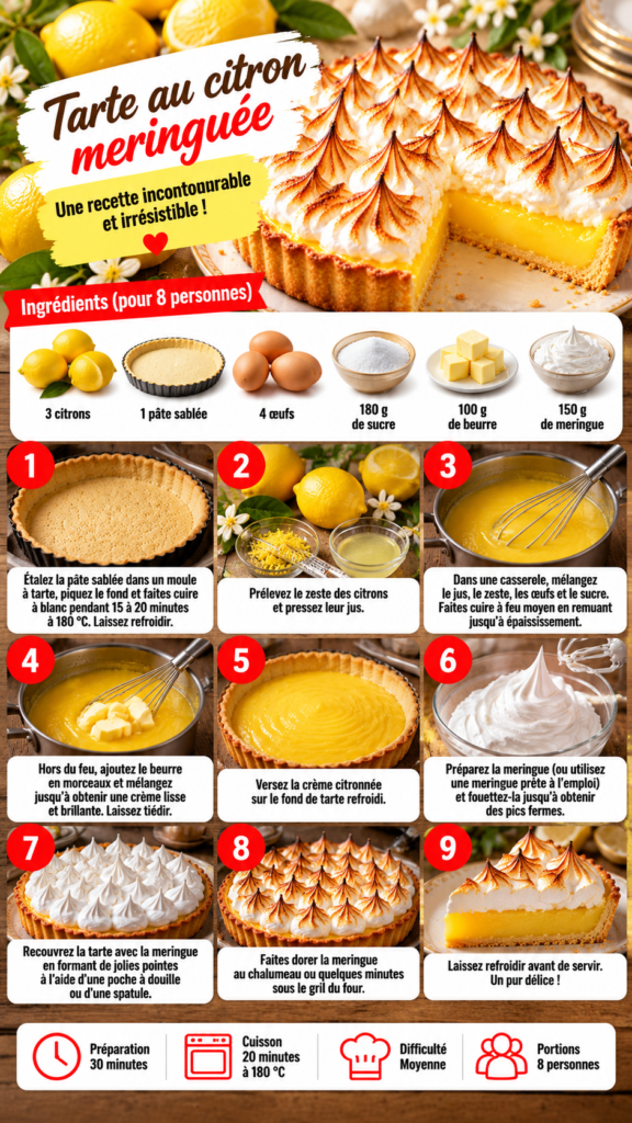 Tarte au citron meringuée avec pâte sablée dorée, crème citron lisse et meringue légèrement caramélisée au chalumeau.