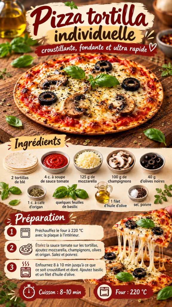 Pizza tortilla individuelle croustillante garnie de sauce tomate, mozzarella fondante, champignons émincés, olives noires et basilic frais, servie sur une assiette.
