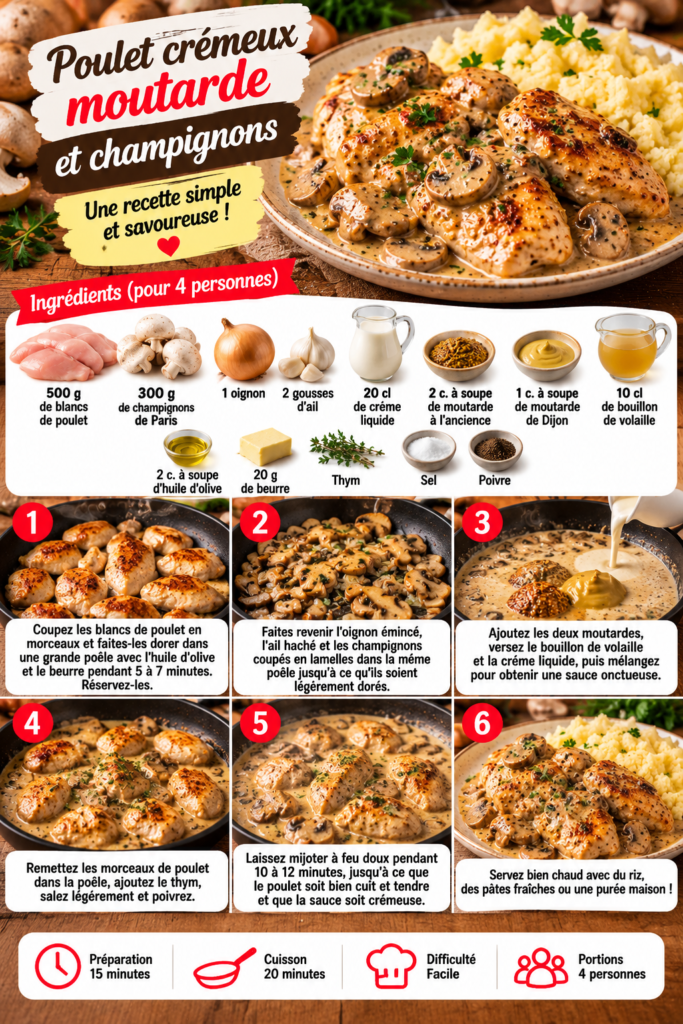 Poulet crémeux à la moutarde et aux champignons dans une sauce onctueuse, servi chaud avec du thym frais.