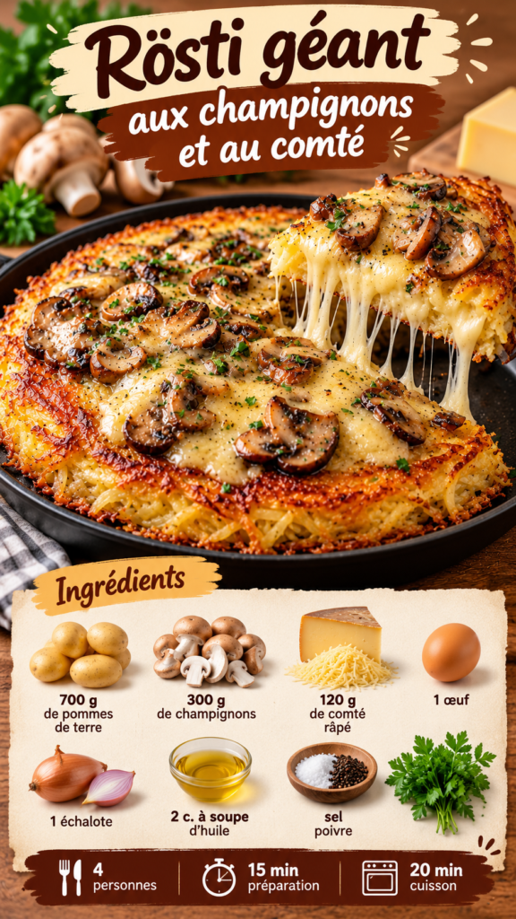 Rösti géant de pommes de terre doré et croustillant, garni de champignons poêlés, d'échalote et de comté fondu, présenté dans une grande poêle avec une croûte gratinée et appétissante.