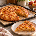 Tarte rustique aux pommes dorée au four, avec fines tranches de pommes, pâte au beurre croustillante et bords repliés.