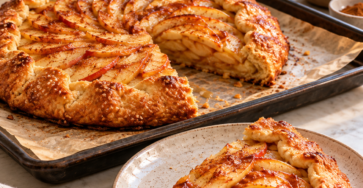 Tarte rustique aux pommes dorée au four, avec fines tranches de pommes, pâte au beurre croustillante et bords repliés.