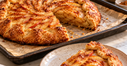 Tarte rustique aux pommes dorée au four, avec fines tranches de pommes, pâte au beurre croustillante et bords repliés.