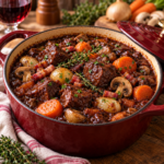 Bœuf bourguignon traditionnel servi dans une cocotte en fonte, avec de généreux morceaux de bœuf mijotés, des carottes fondantes, des champignons, des lardons et une sauce au vin rouge épaisse et brillante.