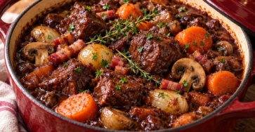 Bœuf bourguignon traditionnel servi dans une cocotte en fonte, avec de généreux morceaux de bœuf mijotés, des carottes fondantes, des champignons, des lardons et une sauce au vin rouge épaisse et brillante.