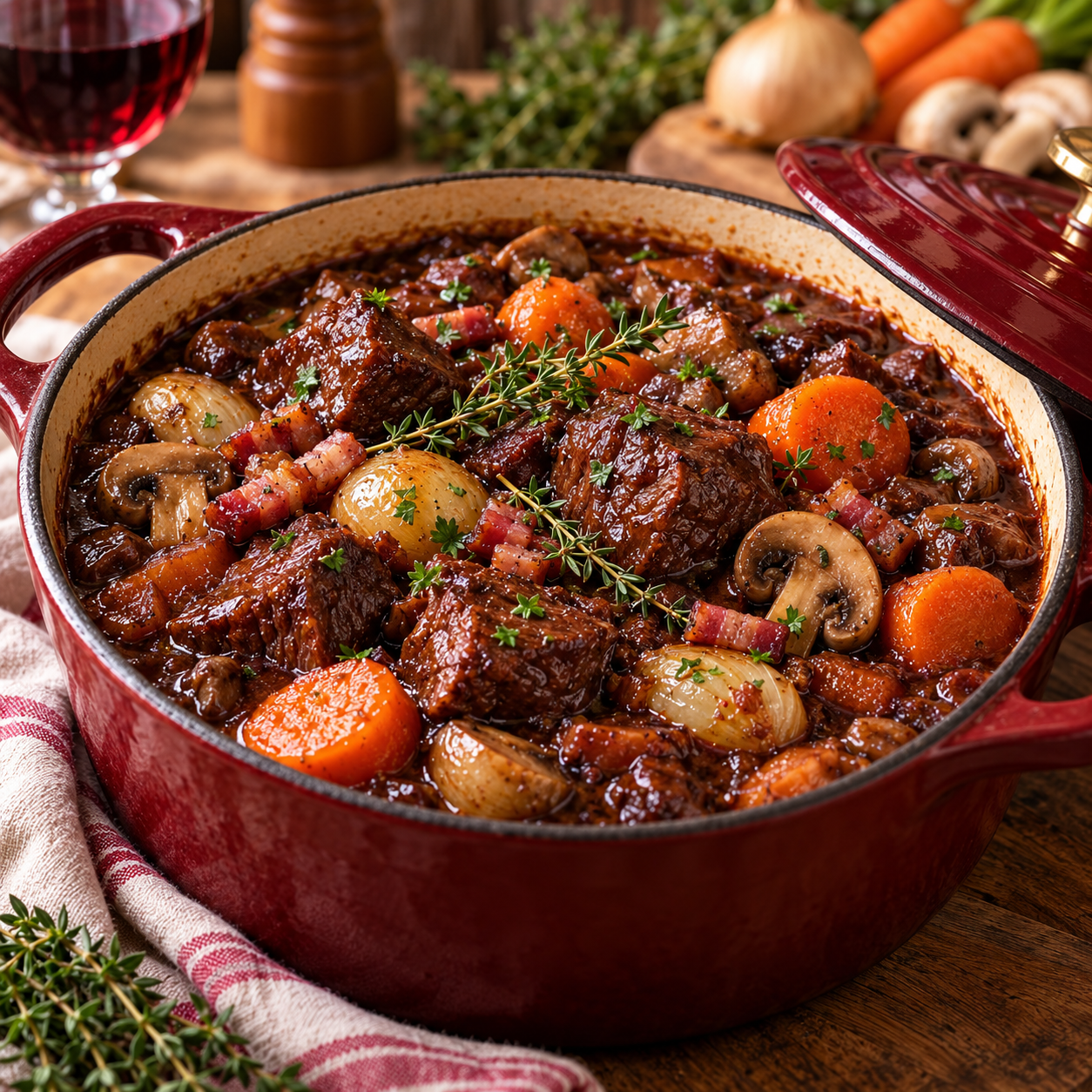 Bœuf bourguignon traditionnel servi dans une cocotte en fonte, avec de généreux morceaux de bœuf mijotés, des carottes fondantes, des champignons, des lardons et une sauce au vin rouge épaisse et brillante.