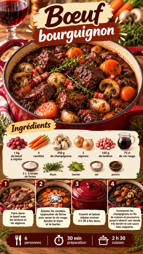 Bœuf bourguignon traditionnel servi dans une cocotte en fonte, avec de généreux morceaux de bœuf mijotés, des carottes fondantes, des champignons, des lardons et une sauce au vin rouge épaisse et brillante.