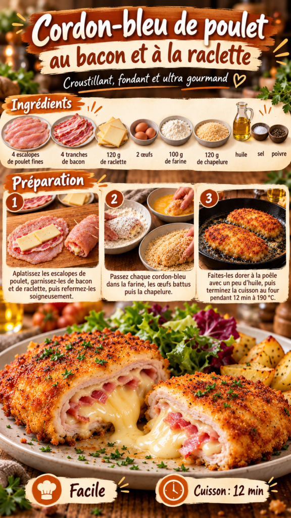 Cordon-bleu de poulet pané, garni de bacon et de raclette fondante, coupé en deux pour révéler un cœur coulant.