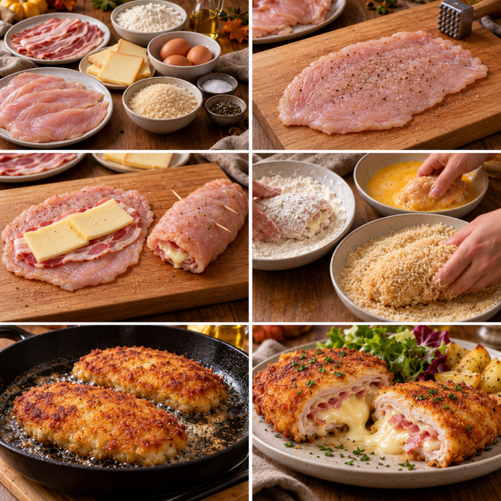 Cordon-bleu de poulet pané, garni de bacon et de raclette fondante, coupé en deux pour révéler un cœur coulant.