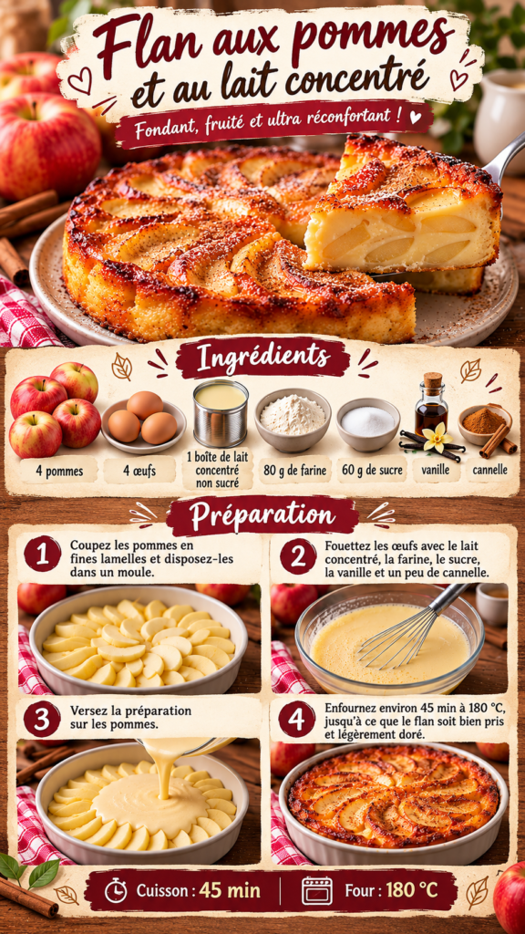 Flan aux pommes et au lait concentré maison, à la texture crémeuse et fondante, garni de fines lamelles de pommes, avec une surface légèrement dorée et parfumée à la cannelle.