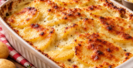 Gratin dauphinois maison dans un plat à gratin, composé de fines rondelles de pommes de terre fondantes, nappées de crème onctueuse et recouvertes d'une croûte de fromage dorée au four.
