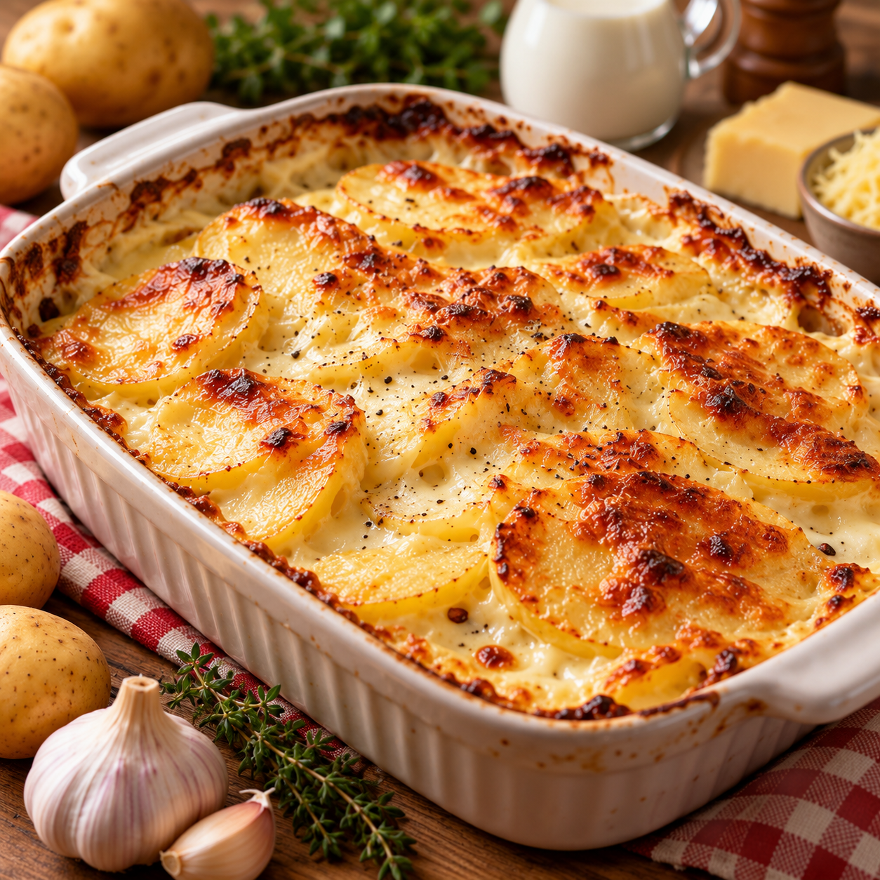 Gratin dauphinois maison dans un plat à gratin, composé de fines rondelles de pommes de terre fondantes, nappées de crème onctueuse et recouvertes d'une croûte de fromage dorée au four.
