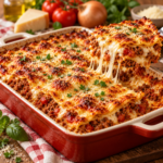 Part de lasagnes à la bolognaise bien gratinées, avec couches de pâtes, sauce au bœuf, béchamel crémeuse et fromage fondu.