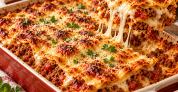 Part de lasagnes à la bolognaise bien gratinées, avec couches de pâtes, sauce au bœuf, béchamel crémeuse et fromage fondu.
