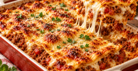 Part de lasagnes à la bolognaise bien gratinées, avec couches de pâtes, sauce au bœuf, béchamel crémeuse et fromage fondu.