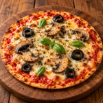 Pizza tortilla individuelle croustillante garnie de sauce tomate, mozzarella fondante, champignons émincés, olives noires et basilic frais, servie sur une assiette.