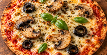 Pizza tortilla individuelle croustillante garnie de sauce tomate, mozzarella fondante, champignons émincés, olives noires et basilic frais, servie sur une assiette.