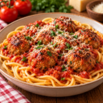 Boulettes de bœuf dorées mijotées dans une sauce tomate maison aux oignons et à l’ail, servies bien chaudes.