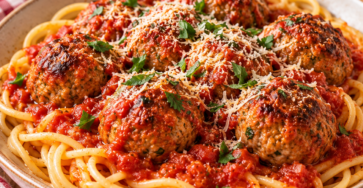 Boulettes de bœuf dorées mijotées dans une sauce tomate maison aux oignons et à l’ail, servies bien chaudes.