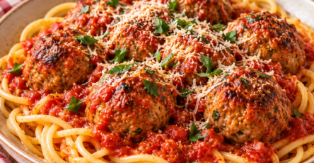 Boulettes de bœuf dorées mijotées dans une sauce tomate maison aux oignons et à l’ail, servies bien chaudes.