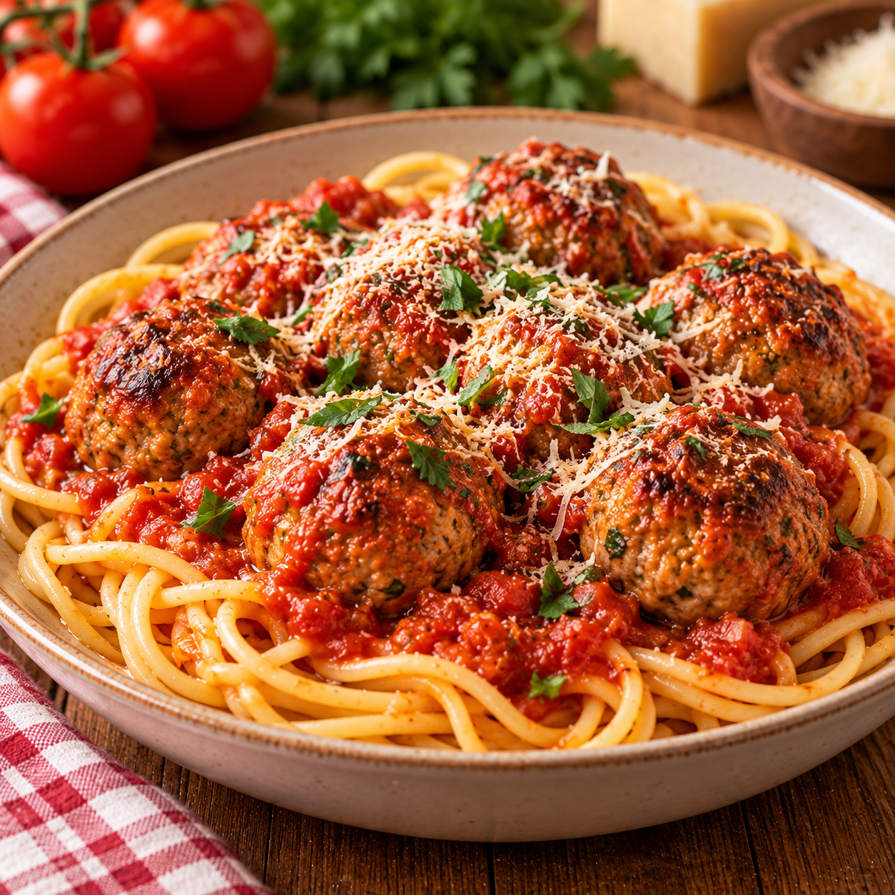 Boulettes de bœuf dorées mijotées dans une sauce tomate maison aux oignons et à l’ail, servies bien chaudes.