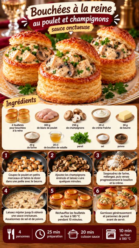Bouchées à la reine maison garnies de morceaux de poulet tendre, de champignons émincés et d'une sauce crémeuse, servies dans des feuilletés dorés et croustillants, parsemés de persil frais.