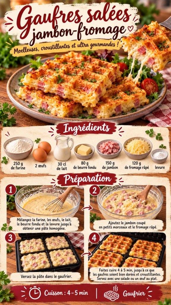 Gaufres salées maison au jambon et fromage râpé, dorées et croustillantes à l’extérieur, moelleuses à l’intérieur, servies sur une assiette avec une salade verte fraîche.