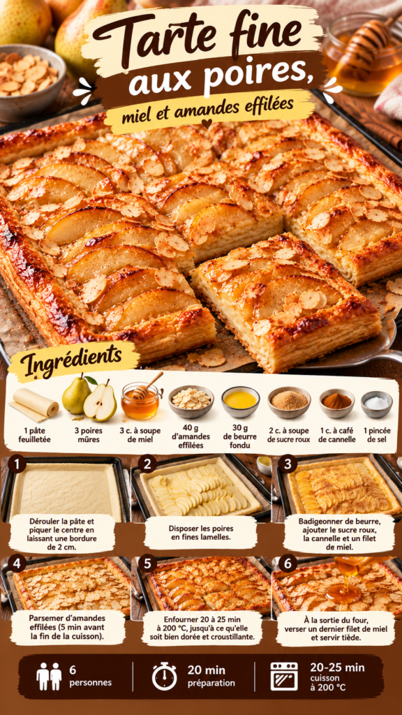Tarte fine aux poires, miel et amandes effilées sur une pâte feuilletée dorée et croustillante, garnie de fines lamelles de poires caramélisées, d'amandes grillées et d'un filet de miel brillant.