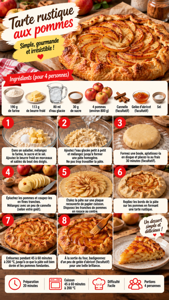 Tarte rustique aux pommes dorée au four, avec fines tranches de pommes, pâte au beurre croustillante et bords repliés.