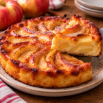 Flan aux pommes et au lait concentré maison, à la texture crémeuse et fondante, garni de fines lamelles de pommes, avec une surface légèrement dorée et parfumée à la cannelle.