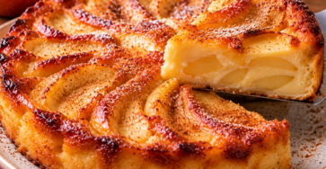 Flan aux pommes et au lait concentré maison, à la texture crémeuse et fondante, garni de fines lamelles de pommes, avec une surface légèrement dorée et parfumée à la cannelle.
