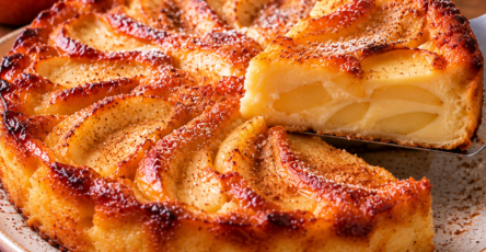 Flan aux pommes et au lait concentré maison, à la texture crémeuse et fondante, garni de fines lamelles de pommes, avec une surface légèrement dorée et parfumée à la cannelle.