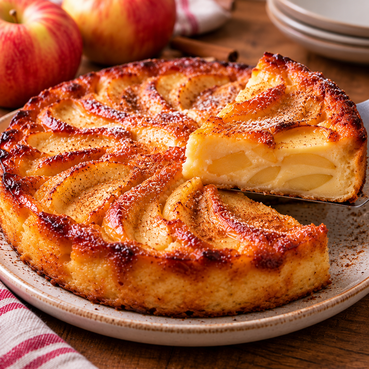 Flan aux pommes et au lait concentré maison, à la texture crémeuse et fondante, garni de fines lamelles de pommes, avec une surface légèrement dorée et parfumée à la cannelle.
